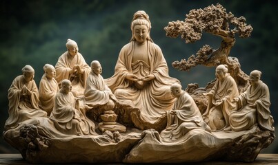 Obraz premium carved wood sculpture Guanyin in a scene of healing and nurturing, embodying the essence of compassion and mercy, Generative AI