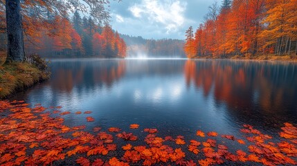 Fototapeta premium Serene autumn landscape with vibrant foliage and calm water reflection.