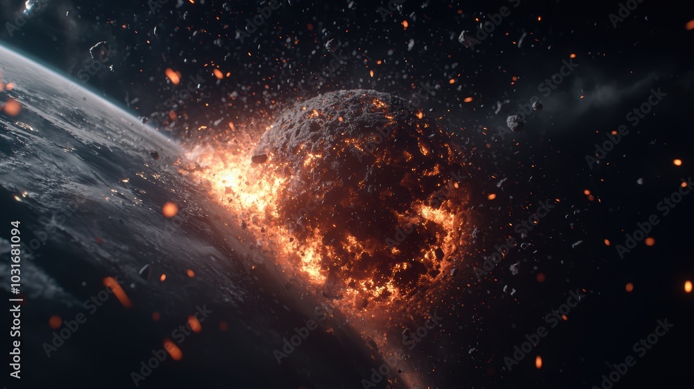 Poster a fiery asteroid collides with earth, creating an explosion of debris and light in a dark cosmic set