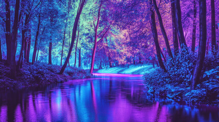 Obraz premium A vibrant forest with neon green trees and a glowing purple-blue river under soft ethereal light