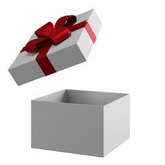 White gift box with red ribbon isolated on empty background. Christmas present for holiday sale shop design element.
