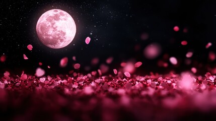 A serene night scene featuring a large pink moon illuminating a ground scattered with vibrant pink petals.