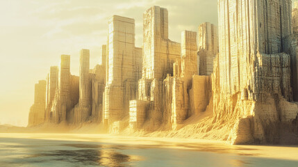 Obraz premium Massive skyscrapers built from compressed earth and sand blend with the horizon in soft sunlight