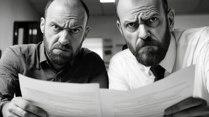 An angry boss confronts his employee over numerous documents in a tense office setting, capturing the stress of the workplace environment during the day