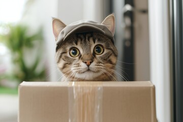 Adorable cat wearing a cap peeking over a box, looking surprised. Perfect image for pet-themed concepts and humor.