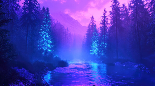 Exploring a vibrant neon forest landscape with glowing pine trees and a misty river at twilight