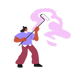 Painter painting wall with roller during home renovation. Decorator decorating with paint. Interior improvement, work process, creative service. Flat vector illustration isolated on white background