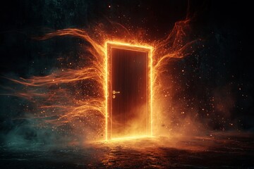 An office door with glowing edges, floating in a dark void, with abstract light pouring out from behind it.