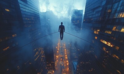 Businessman walking on a tightrope stretched between two skyscrapers, symbolizing risk and challenge. Risk management concept, Generative AI
