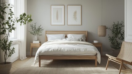 Scandinavian-inspired bedroom with simple wooden furniture, soft gray tones, and minimalist decor, [Furniture], [Scandinavian simplicity]