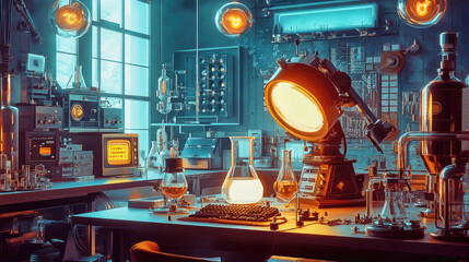 Explore a retro-futuristic science lab filled with oversized glass flasks and vintage analog machines