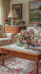 Traditional English country-style living room with floral-patterned furniture, wooden coffee table, and soft pastel colors, [Furniture], [English countryside]