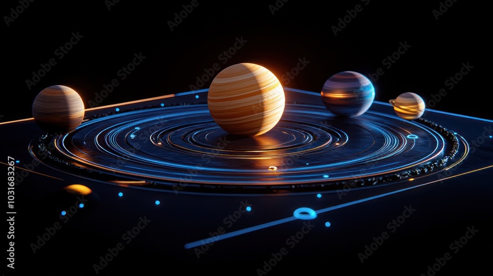 Poster 3d rendered image of planets orbiting a star with a black background and a thin blue circular glow a