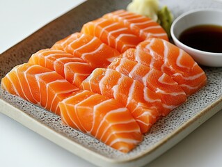 Fresh Salmon Sashimi Platter with Soy Sauce and Garnish