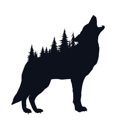 Silhouette of  barking wolf with forest.
