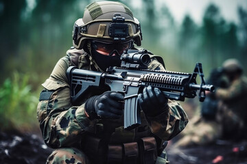 Chinese soldier in tactical gear crouching with a rifle during military training exercise in a dense forest environment at dawn