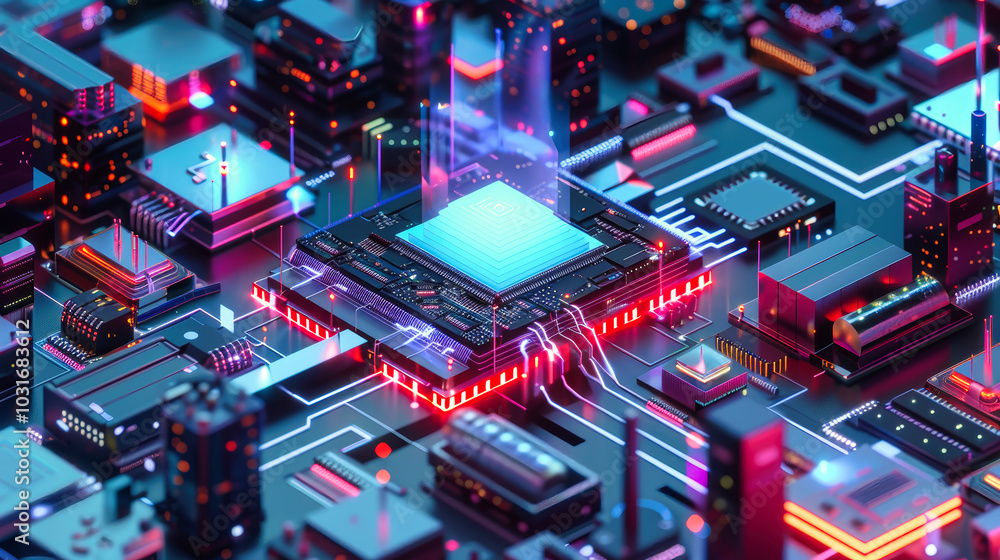 Poster a vibrant isometric view of an advanced computer chip surrounded by circuit boards and glowing data,