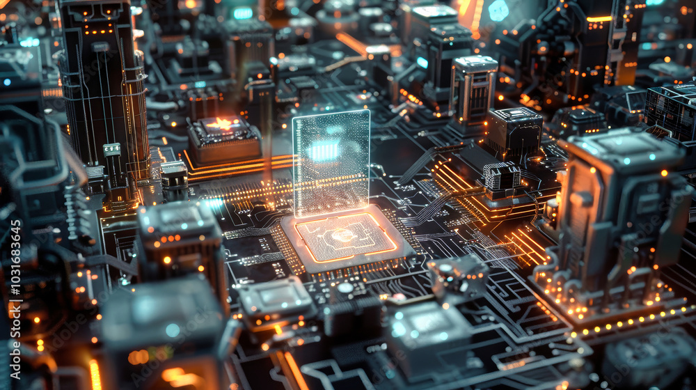 Aufkleber aerial view of a futuristic ai chip with a holographic interface amidst advanced circuitry and sleek