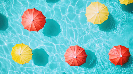 Vibrant umbrellas floating symmetrically in a serene blue pool on a sunny day