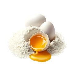 Eggs with flour and broken shell, white isolate background transparent background