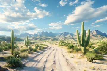 Vast Desert Landscape Cacti Mountains Sandy Pathway Blue Sky Scenic View
