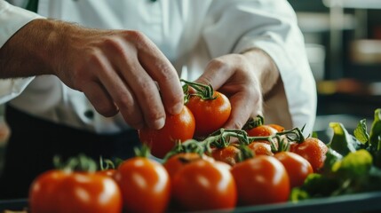 Chef Selecting Fresh Tomatoes for Gourmet Cooking in Kitchen