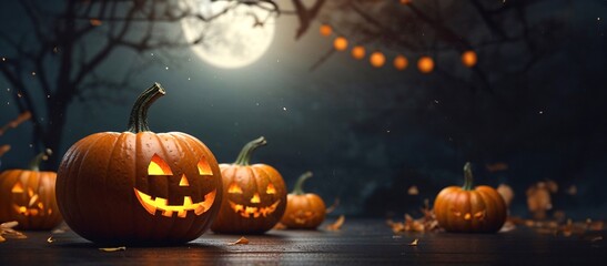 Happy Halloween party poster. Pumpkin in 3d illustration style. Frame, night clouds, Witch cauldron, spider web, flying ghost bat. Place for text. Brochure layout template background, night background
