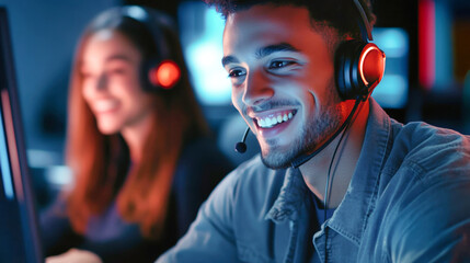 Stylish male customer service worker in headset smiling while assisting a surprised female customer during a night session in a call center office
