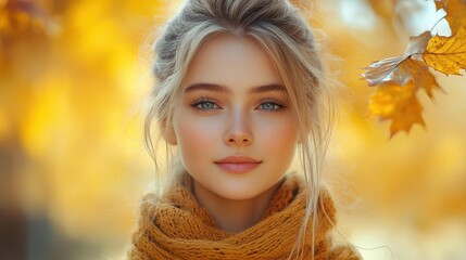 Fototapeta premium Autumn Beauty: Woman Surrounded by Golden Leaves