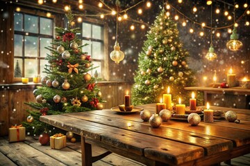 Surreal Christmas Scene with a Wooden Table and Enchanting Tree
