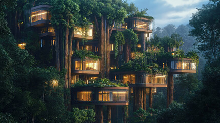 Wooden skyscrapers tower above a dense forest, blending nature and architecture in tranquil evening light