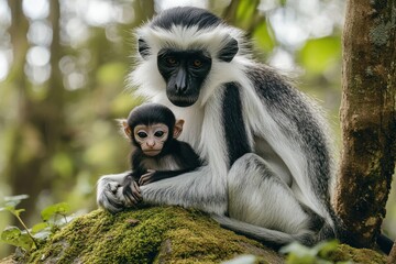 Obraz premium A mother monkey and her baby sit together on a mossy rock in a lush forest setting.