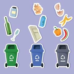 illustration sorting and recycling waste.  sorting paper, glass, organics