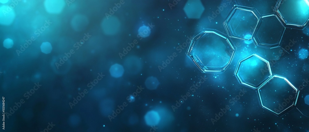Poster abstract blue background with glowing hexagonal shapes and bokeh effects creating a tranquil atmosph