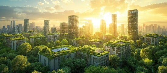 Naklejka premium Green city skyline with buildings covered in vegetation and solar panels during a beautiful sunrise.