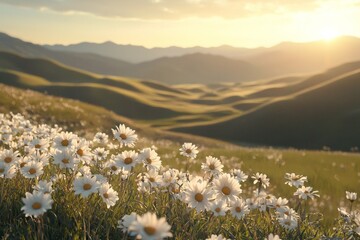 Fototapeta premium In the valley, there is an endless grassland with white daisies blooming on it. The golden light shines down from top to bottom and creates beautiful shadows. 