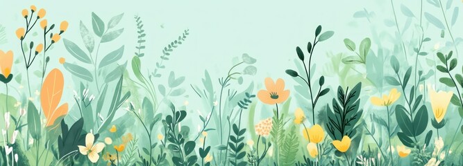 Abstract Watercolor Painting of Delicate Yellow Flowers and Green Foliage