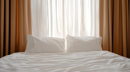 A freshly made bed with crisp white sheets, soft morning light through sheer curtains, clean and refreshing