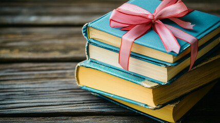 Stack of books with ribbon as gift