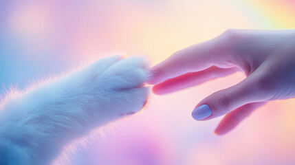 A gentle connection between a human hand and a cat's paw against a pastel backdrop, AI