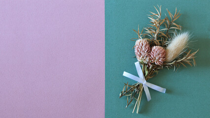Natural dried flower swag of globe amaranth and bunny tails: mint green and pink greeting card
