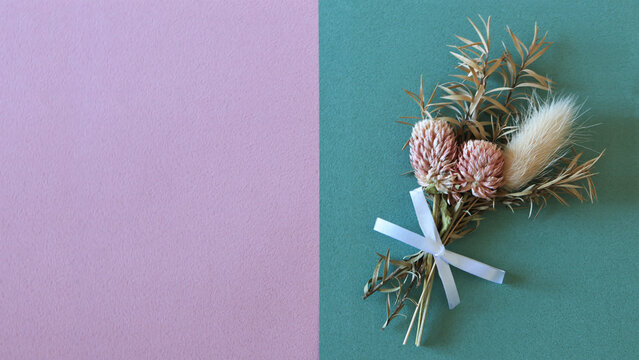 Natural dried flower swag of globe amaranth and bunny tails: mint green and pink greeting card