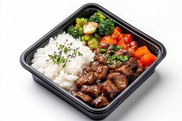 Delicious bento box featuring teriyaki beef, rice, and colorful vegetable stir-fry for a balanced meal.