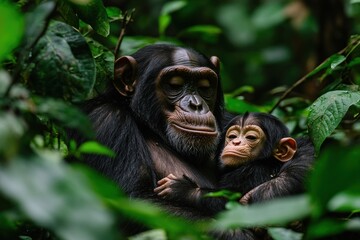 Obraz premium A mother chimpanzee embraces her young offspring amidst lush green foliage.