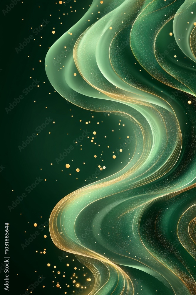 Poster a shimmering green abstract design with flowing waves and golden accents creating a captivating visu