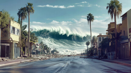 Obraz premium Catastrophic tsunami waves engulf a coastal city, wreaking havoc on buildings and vegetation in a dramatic display of nature's power