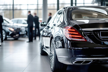Elegant black luxury cars displayed in a modern showroom with customers preparing for test drives and sleek designs highlighted by shiny chrome wheels
