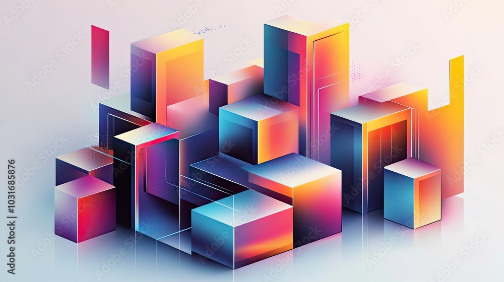 Poster abstract composition of interlocking multicolored cubes