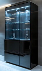 29. A sleek black display case against a bright wall
