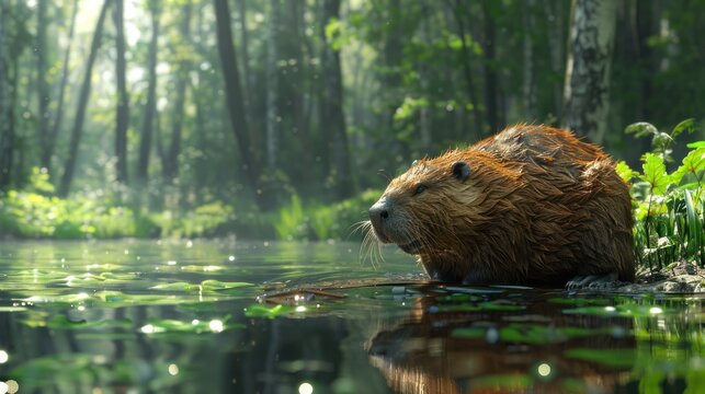 A beaver is looking for materials to build its house on a riverside in a big forest.